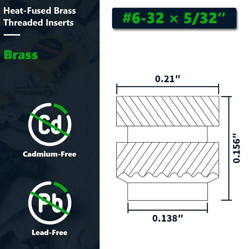 RoyceMart #6-32 Brass Threaded Inserts (60-Pack), Heat Set Knurled Nuts for 3D Printing & Plastics, 5/32" Height, Female Threaded Brass Inserts - Image 3